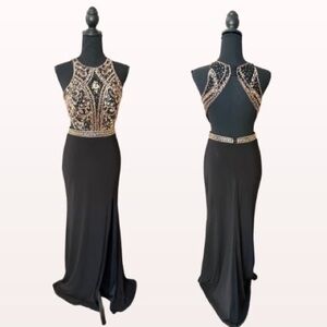 CLARISSE Y2K vintage beaded halter floor length sheath gown black gold sz 2 GLAM